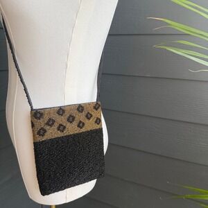 Vintage Beaded Leopard Print Crossbody‎ Purse Black Gold Mini Shoulder Bag